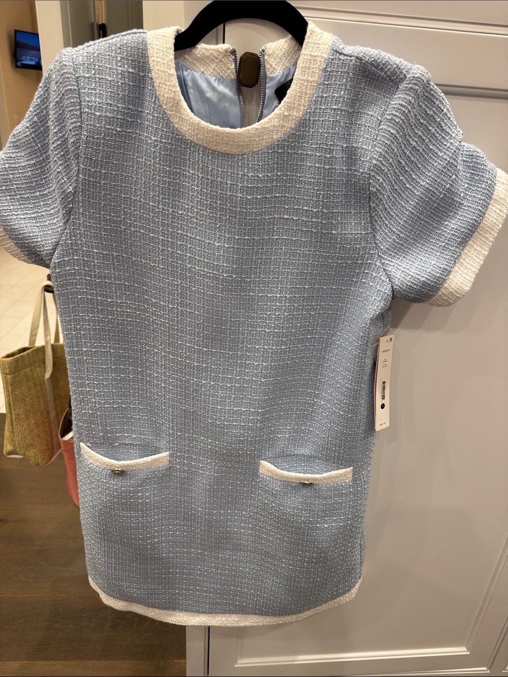 Aqua Light Blue Tweed Dress with Ivory Trim - Picture 6 of 7